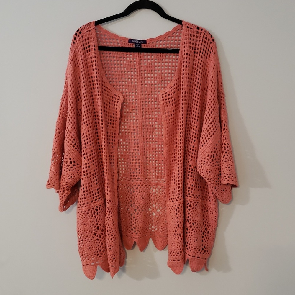 Roamans Open Knit Crochet Cardigan Sweater LG 18/20 Boho Relaxed Scalloped Hem